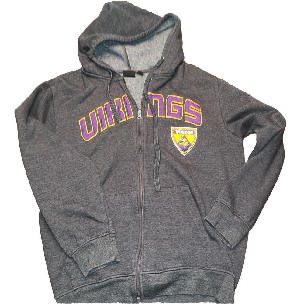 Minnesota Vikings Hoodie Mens Small Gray Spell Out NFL Sweatshirt Full Zip Logo